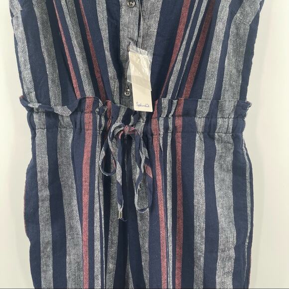 SPLENDID Crosshatch Jumpsuit Striped Tie Waist Stripes Navy Linen NWT SZ Small - Picture 7 of 16